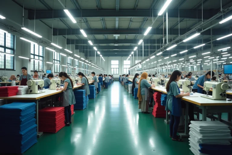 Vue panoramique d'une usine textile moderne avec des rangées de machines à coudre industrielles et des ouvriers au travail