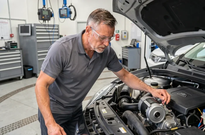 Ingénieur automobile examinant le moteur électrique d'un SUV hybride dans un atelier professionnel moderne