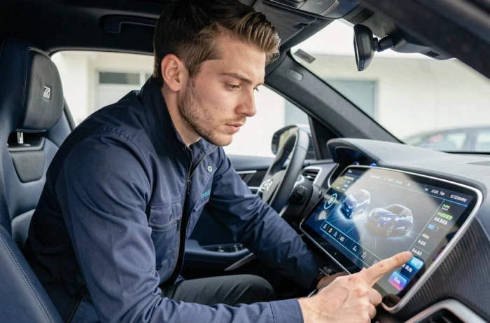 Ingénieur automobile analysant un tableau de bord numérique futuriste à l'intérieur d'un prototype de véhicule high-tech