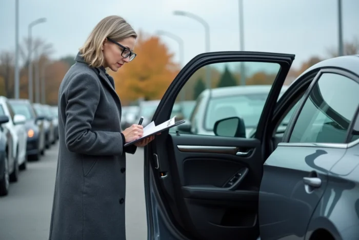 Une femme inspectant l'intérieur d'une voiture d'occasion avant une vente aux enchères automobile