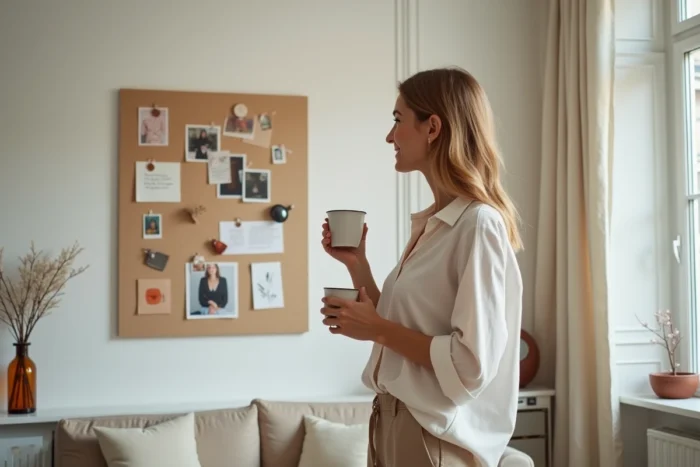 Femme souriante observant un tableau d'inspiration dans un appartement parisien lumineux pour son blog actualités