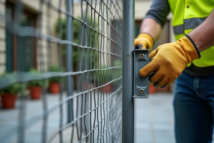 Technicien fixant un panneau de grillage métallique sur un poteau lors de l'installation en copropriété