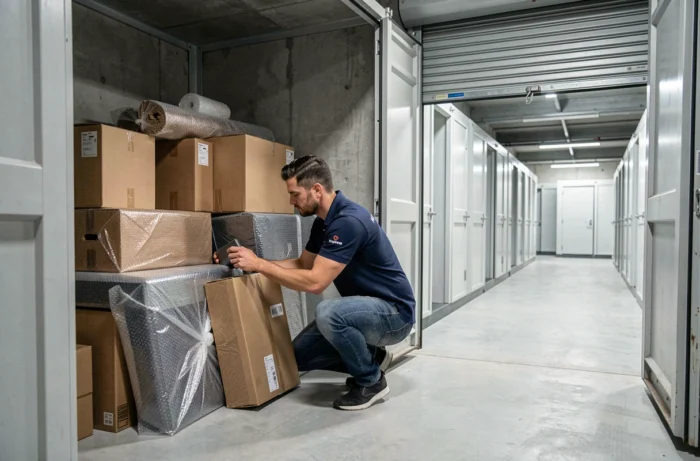 Employé organisant des cartons dans un box de stockage intérieur à Vichy