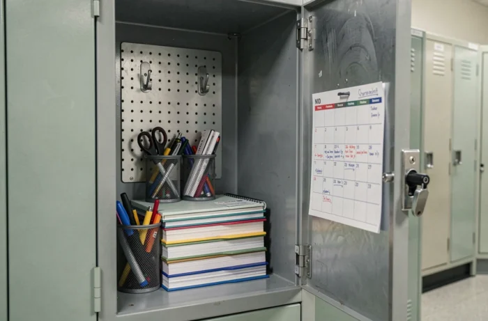 Vue détaillée d'un casier scolaire bien organisé avec tableau blanc, crochets adhésifs et fournitures rangées méthodiquement