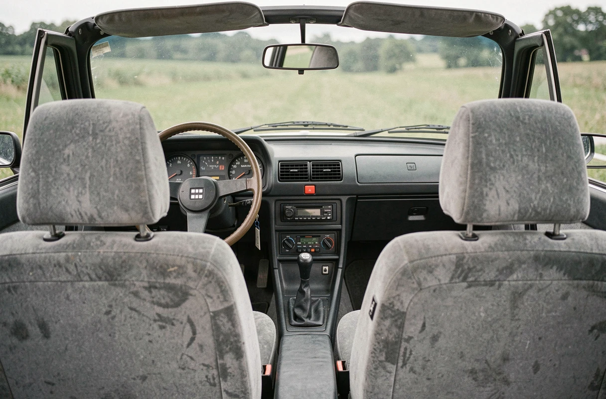Intérieur d'origine d'un cabriolet Peugeot 305 avec tableau de bord vintage, sièges en tissu usé et volant trois branches, vue depuis la banquette arrière