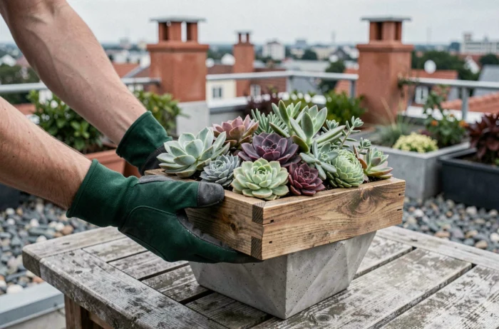 Mains gantées tenant un plateau de plantes succulentes et alpines pour un jardin de balcon urbain en conteneurs en béton