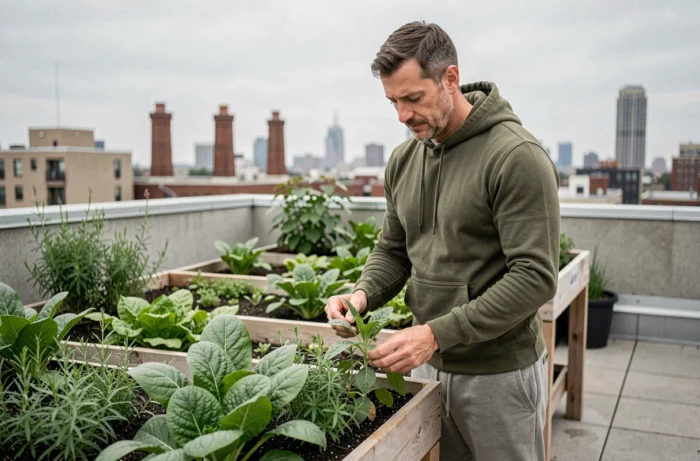 Homme jardinage sur toit terrasse urbain avec potager surélevé, activité loisir tendance jardinage urbain pour le quotidien