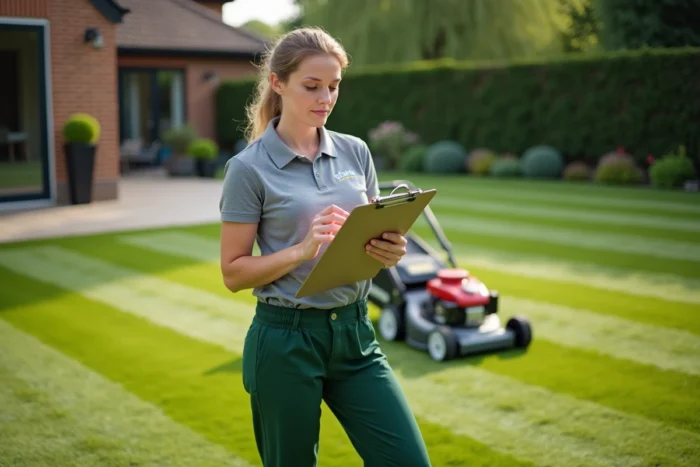 Jardinière professionnelle avec tondeuse et devis pour tonte de pelouse dans un jardin résidentiel