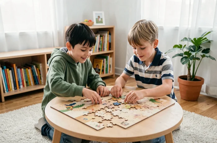 Deux garçons collaborant sur un puzzle en bois dans une salle de jeux chaleureuse à la maison