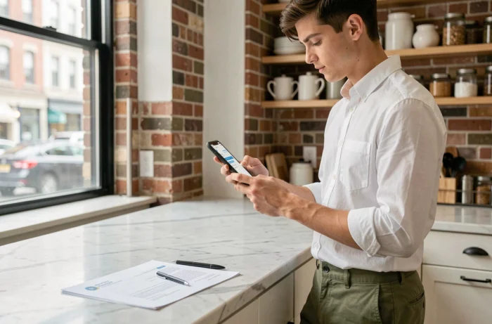 Jeune adulte utilisant un smartphone pour effectuer des démarches administratives en ligne depuis son appartement