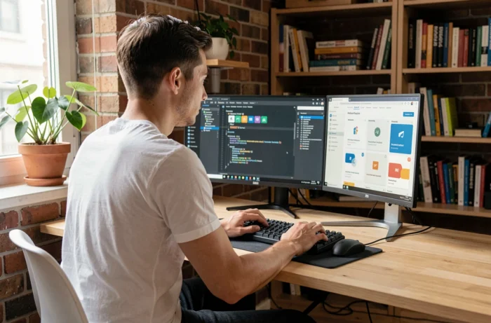 Jeune entrepreneur travaillant sur des solutions digitales innovantes depuis son bureau à domicile avec double écran