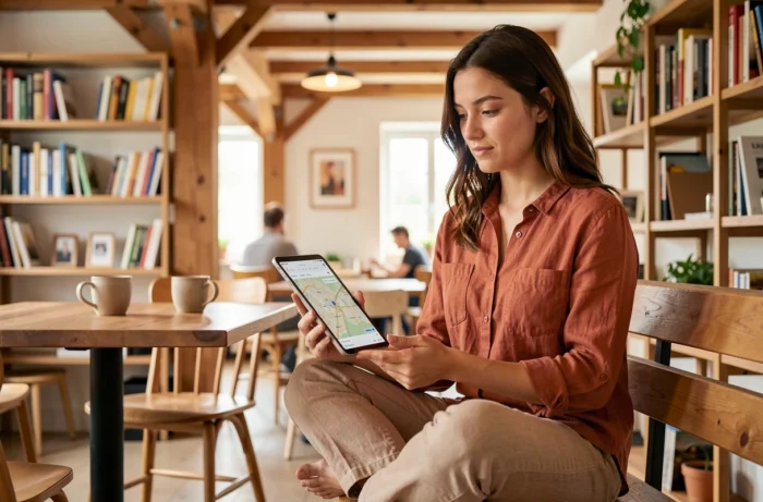 Jeune femme explorant un plan de site sur tablette dans un espace de travail type café cosy