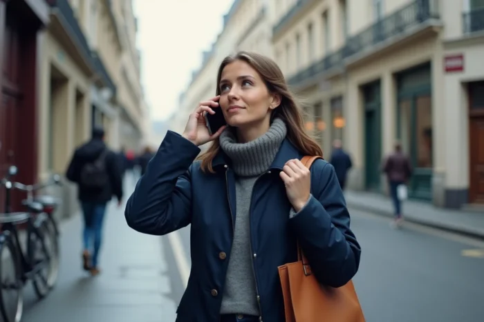 Jeune femme dans la rue cherchant à joindre la Sécurité sociale par téléphone depuis son smartphone