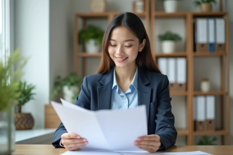Jeune femme professionnelle consultant des documents administratifs pour une prime d'installation dans un bureau moderne