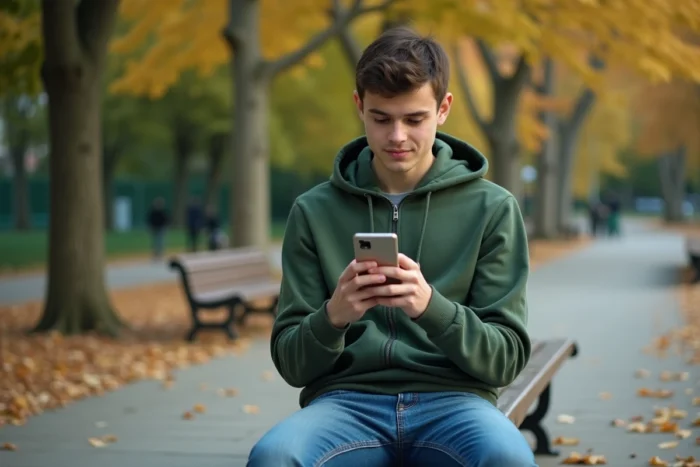 Jeune personne utilisant un moteur de recherche sur smartphone dans un parc urbain en automne