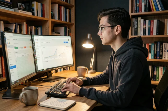 Jeune spécialiste SEO travaillant tard sur des outils d'analyse de référencement dans un bureau à domicile