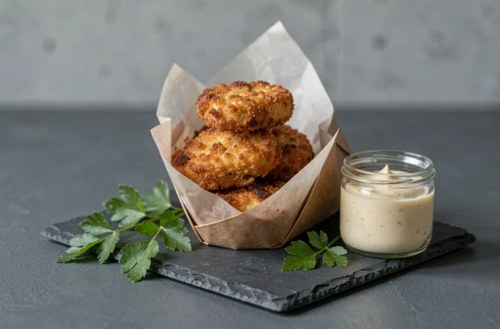 Gros plan de joels frits croustillants servis en cornet de papier avec une sauce aïoli maison sur une planche en ardoise noire