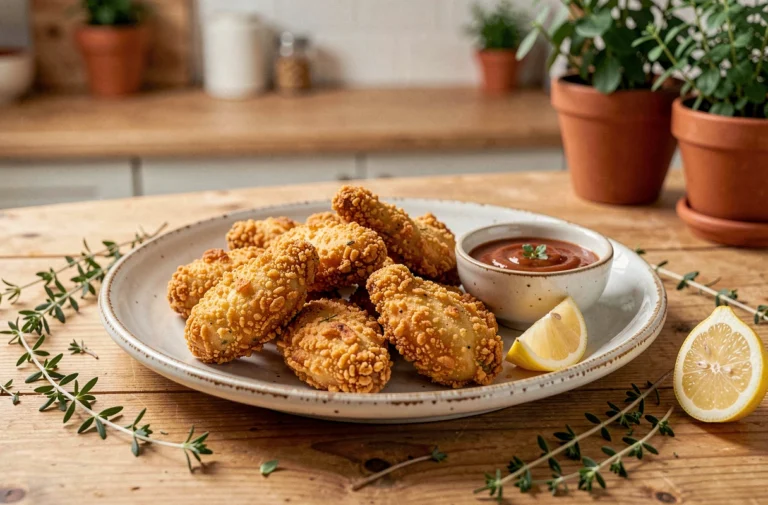 Assiette de joels frits croustillants dorés préparés à l'air fryer, garnis d'herbes fraîches et d'un quartier de citron sur une table en bois rustique