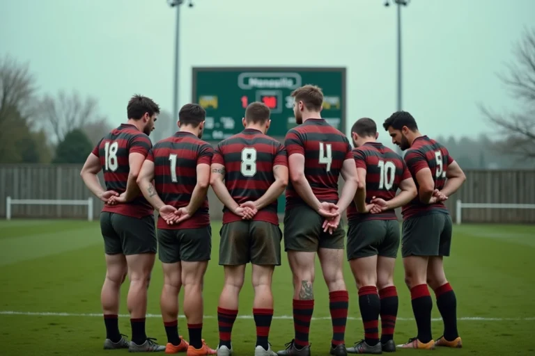 Joueurs de rugby fédéral étudiant le tableau des scores après un match sur terrain naturel