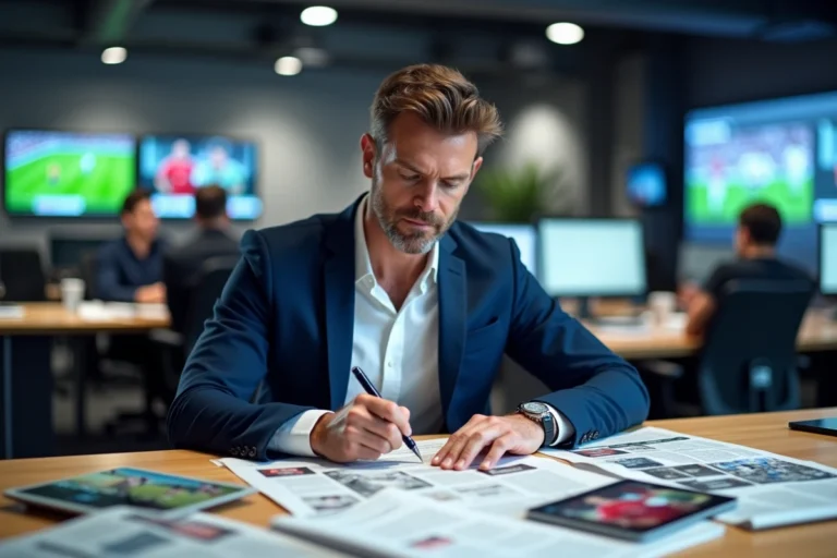 Journaliste sportif masculin dans une salle de rédaction moderne analysant des articles de presse sportive sur son bureau