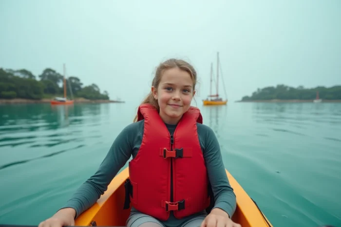 Adolescente en kayak de mer pagayant dans le golfe du Morbihan avec îlots boisés et voiliers bretons traditionnels en arrière-plan sous un ciel nuageux