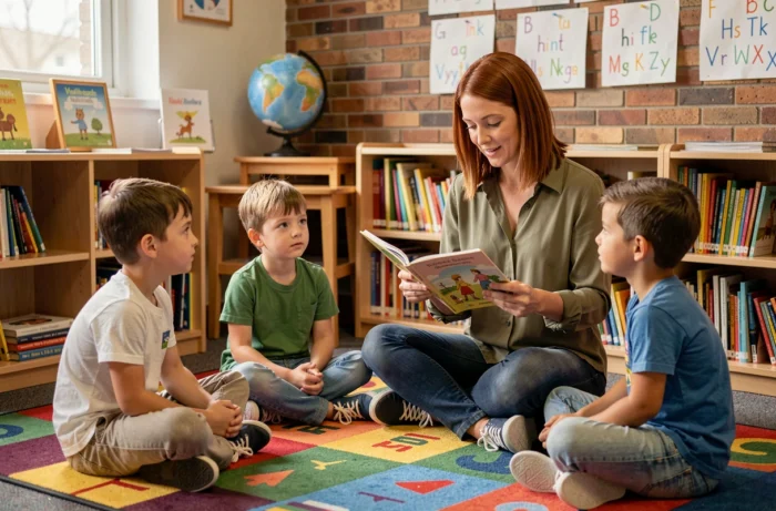 Une enseignante lit un livre illustré à un groupe d'enfants assis en cercle dans un coin bibliothèque scolaire