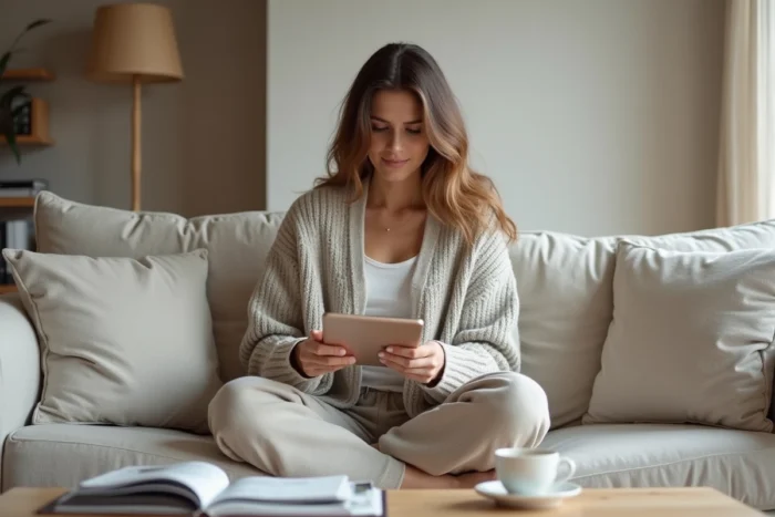Femme détendue lisant les dernières nouveautés et actualités d'un blog sur une tablette depuis son canapé scandinave