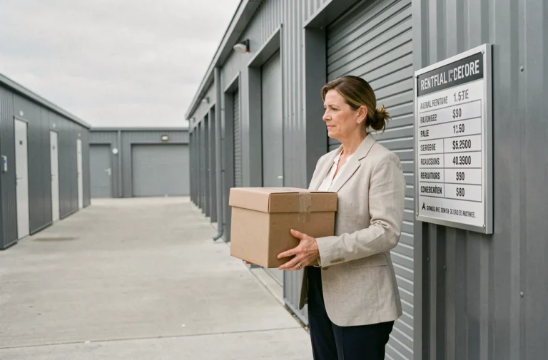 Femme tenant un carton devant l'entrée d'un box de stockage à Vichy avec panneau de tarifs visible