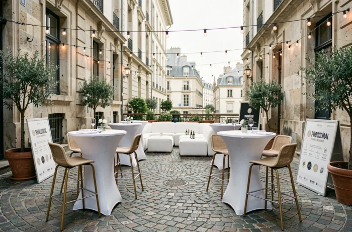 Installation cocktail en plein air avec mobilier loué dans une cour lyonnaise pour un événement professionnel