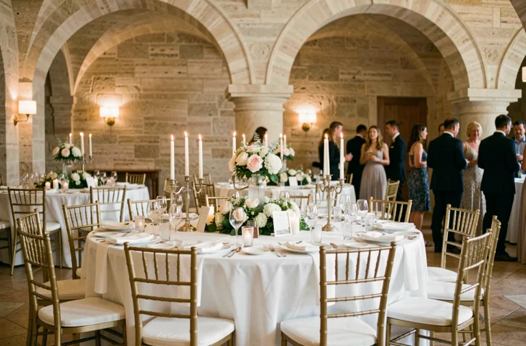 Table de banquet élégante avec chaises Chiavari dorées louées dans une salle de réception lyonnaise en pierre