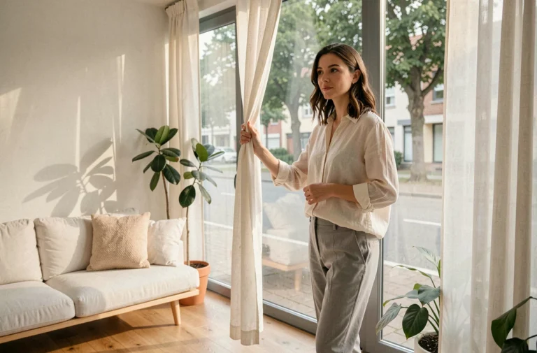Femme ouvrant un rideau pour laisser entrer la lumière naturelle dans un salon minimaliste scandinave