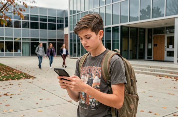 Lycéen comparant deux smartphones devant son établissement scolaire pour choisir le meilleur forfait