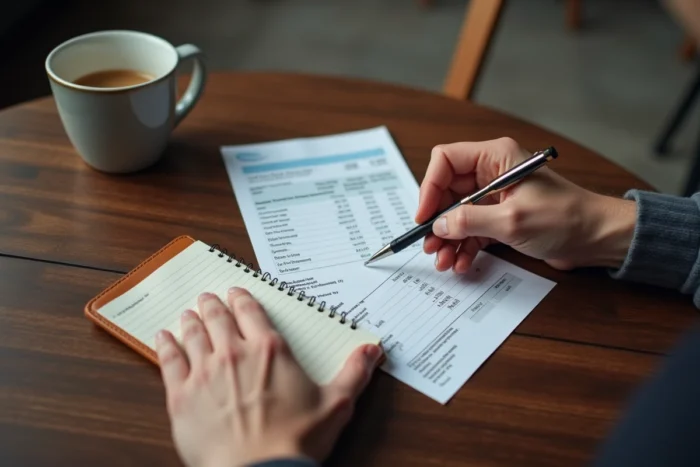 Mains d'un épargnant analysant un relevé d'intérêts d'assurance vie avec des notes personnelles