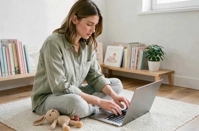 Jeune maman consultant un blog de puériculture sur son ordinateur portable dans un salon scandinave cosy