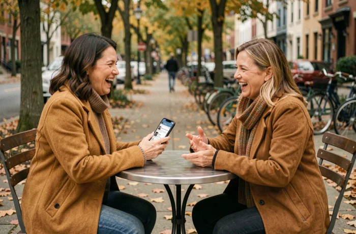 Deux mères de familles nombreuses échangeant des conseils sur un forum en ligne lors d'une rencontre dans un café