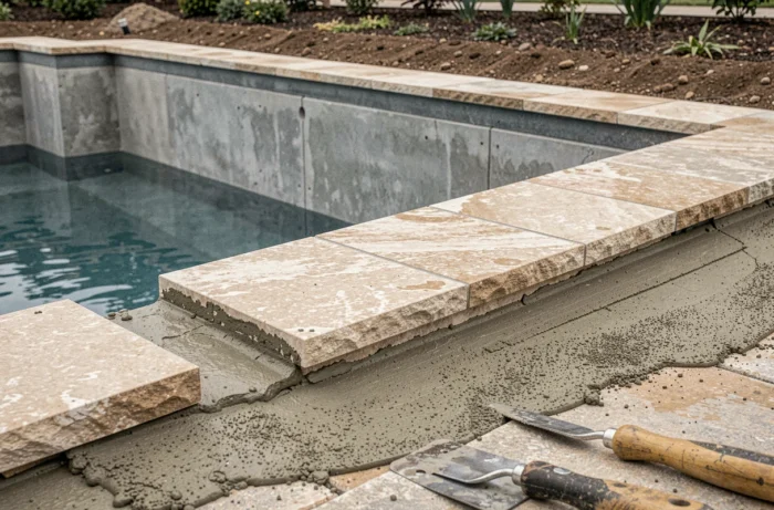 Pose de margelles en pierre naturelle calcaire sur lit de mortier drainant en cours d'installation en bordure de piscine