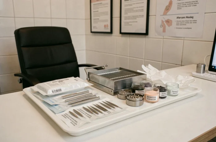 Plateau de matériel stérile dans un studio de piercing professionnel avec bijoux en titane et aiguilles emballées