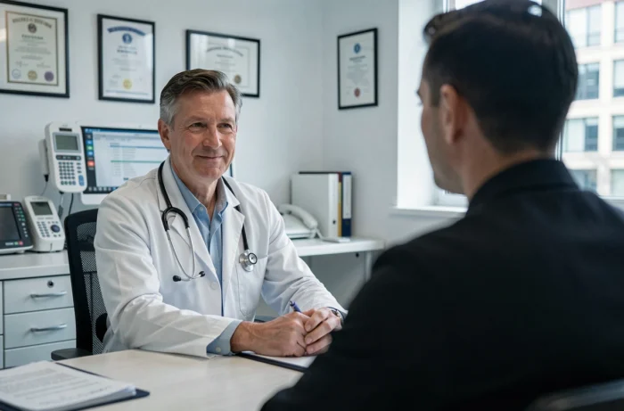 Médecin généraliste en consultation illustrant la prise en charge médicale par une mutuelle santé