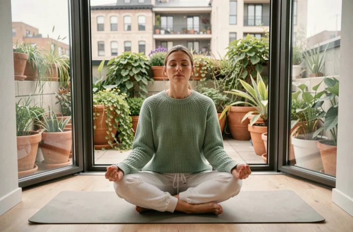 Femme en méditation sur un tapis de yoga devant une grande baie vitrée donnant sur un jardin de toits urbain