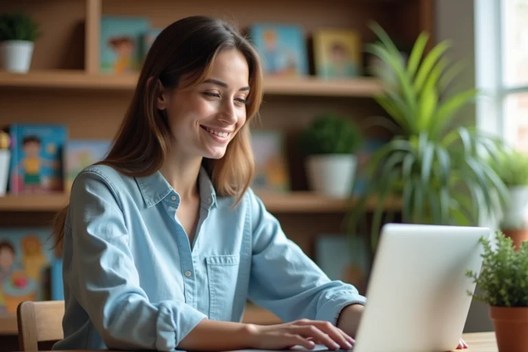 Mère consultant un annuaire en ligne spécialisé pour enfants sur son ordinateur portable dans un bureau à domicile