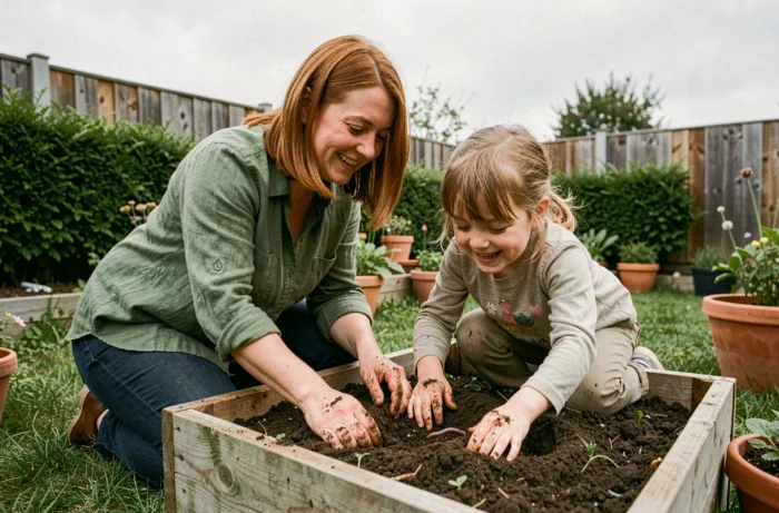 Mère et fille faisant du jardinage ensemble dans un jardin familial, favorisant l'éveil de l'enfant à la nature