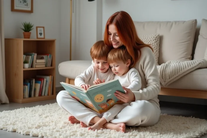 Mère lisant une histoire à ses deux enfants en pyjama sur le sol du salon, moment de tendresse familiale et de partage au quotidien