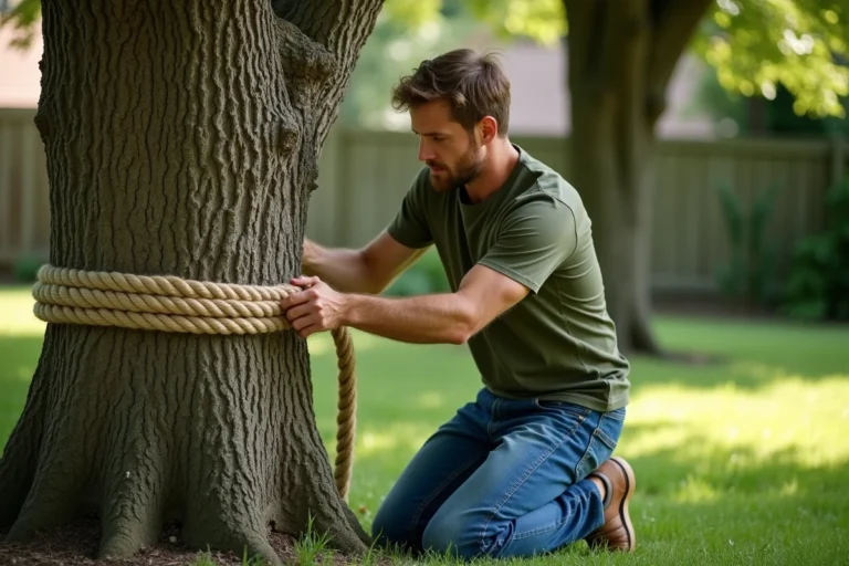 Homme mesurant une corde en chanvre autour d'un tronc de chêne pour installer une balançoire dans un jardin