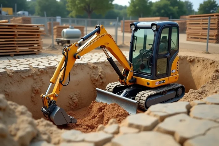 Mini-pelle en action creusant une terre battue très compacte sur un chantier de terrassement
