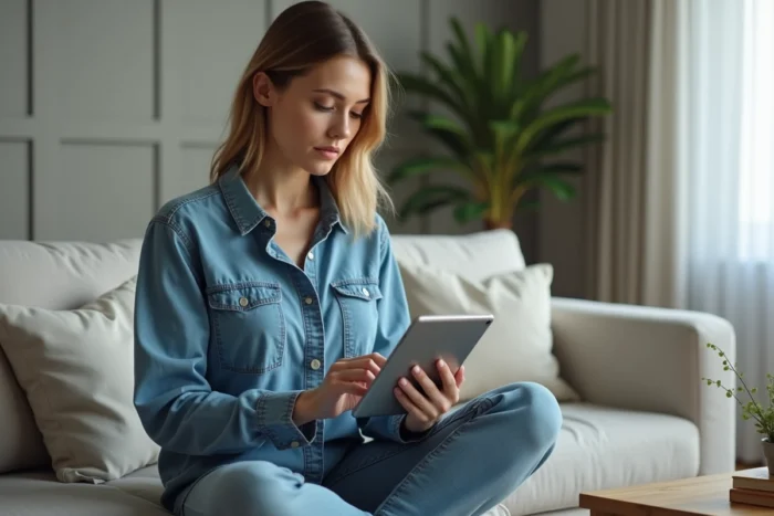 Femme optimisant les paramètres de batterie d'une tablette assise dans un salon moderne et lumineux