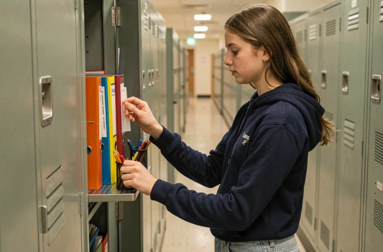 Adolescente organisant son casier scolaire avec des classeurs colorés et des accessoires pratiques dans un couloir de lycée