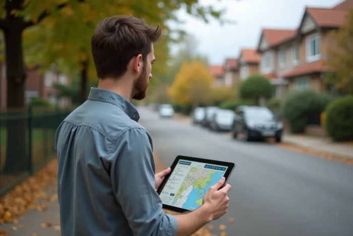 Homme consultant un outil d'analyse foncière sur tablette devant un quartier résidentiel