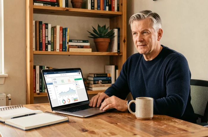 Homme en télétravail consultant un outil d'analyse de visibilité de site web sur son ordinateur portable
