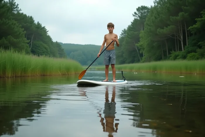 Adolescent debout sur un paddle glissant sur les eaux calmes et verdoyantes de la rivière d'Étel en Bretagne, entouré de roseaux et de pins