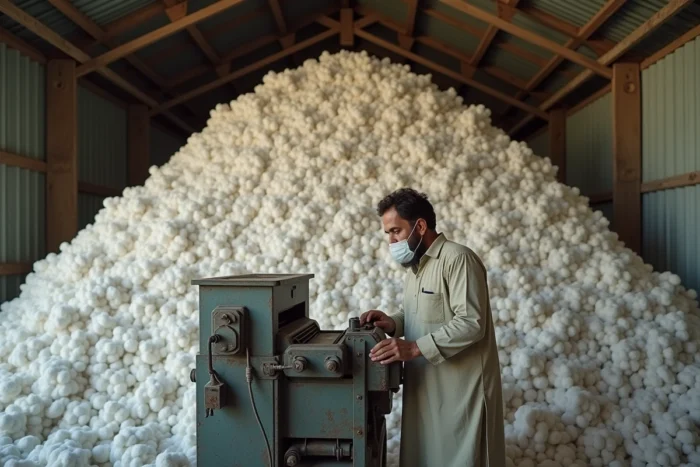 Ouvrier pakistanais opérant une machine d'égrenage du coton dans un entrepôt rempli de balles de coton brut